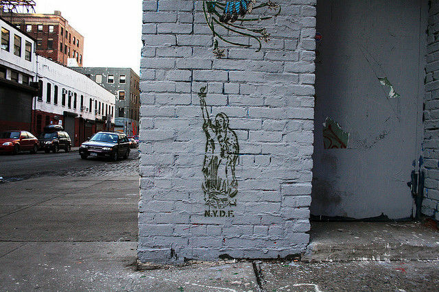 The Virgin of Liberty stencil on a wall in Brooklyn, February 2009
