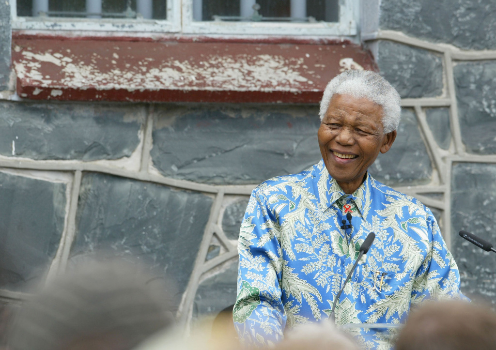 Robben Island Press Conference Nelson Mandela outside his former prison cell attends a press conference for '46664 - Give One Minute of Your Life to AIDS' on No. 28, 2003 on Robben Island, off the coast of Cape Town, South Africa.