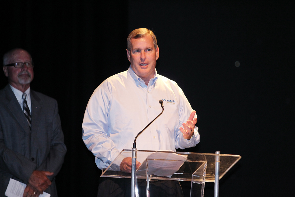 IZOD IndyCar Series Future Car Strategy Announcement Greg Ballard mayor of Indianapolis speaks to the crowd during the chassis strategy announcement for the IZOD IndyCar series at the Indianapolis Museum of Art on July 14, 2010 in Indianapolis, Indiana.
