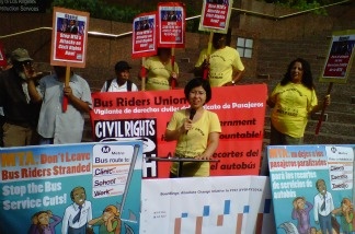 Members of the Bus Riders Union protest in downtown Los Angeles on June 24, 2011 to protest cuts to some Los Angeles County Metro bus routes.