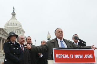 Rep. Steve King (R-IA) speaks at a news conference where Republican members of the House displayed petitions Americans have signed demanding the repeal of healthcare legislation Jan. 18, 2011 in Washington, DC. Republicans begin their efforts to repeal the Obama administration's healthcare legislation this week.