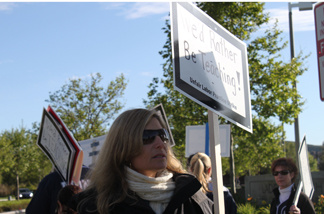 "We'd rather be teaching" reads the sign of Shari Suda, math department chair for Ladera Ranch School. File photo.