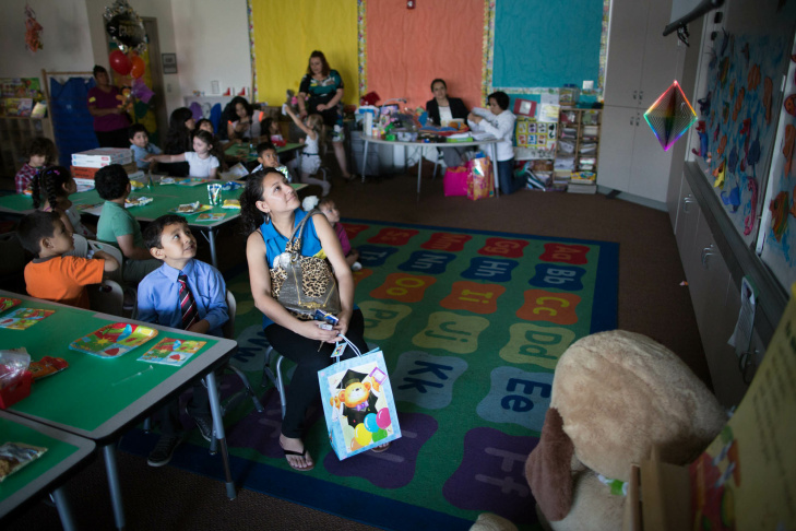 Transitional kindergarten and kindergarten students line up to sing a song before their parents arrive for a graduation ceremony at Stanley Mosk Elementary School in Winnetka.