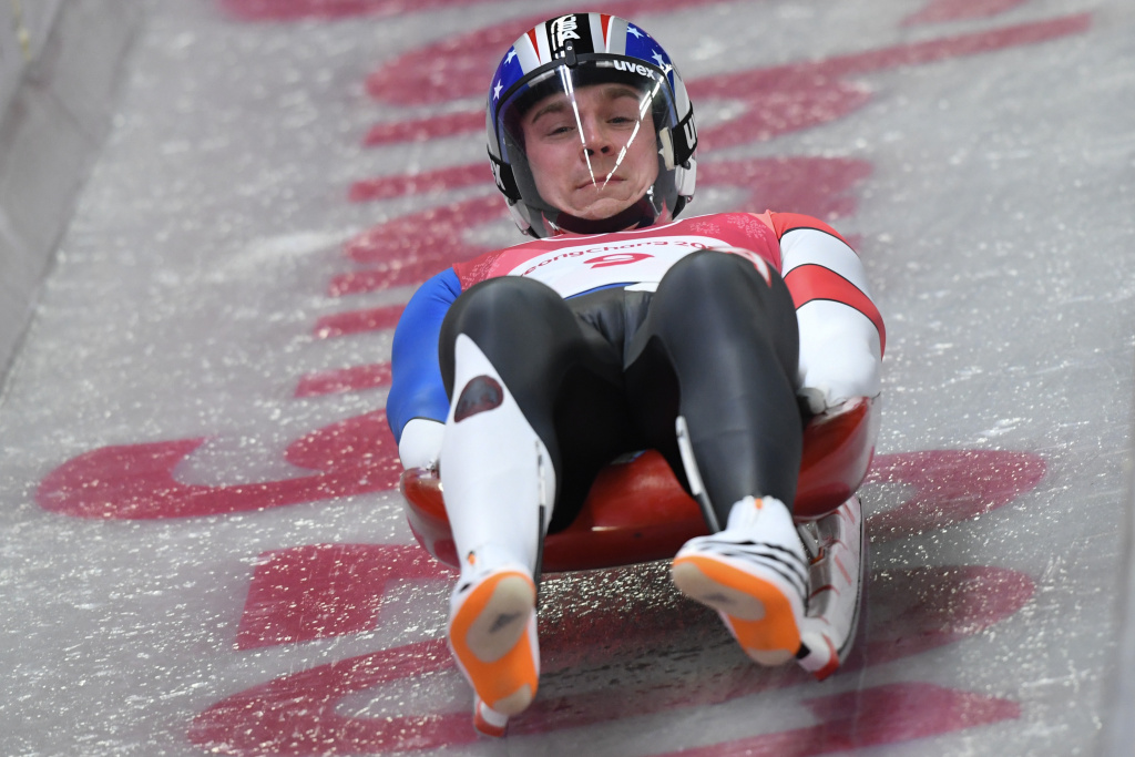 LUGE-OLY-2018-PYEONGCHANG Tucker West of the United States competes in the men's luge singles run 1 during the Pyeongchang 2018 Winter Olympic Games at the Olympic Sliding Centre on February 10, 2018.