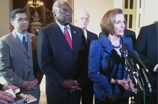 House Minority Leader Nancy Pelosi (right), flanked by LA Democrat Xavier Becerra(left), Congressman James Clyburn (center), and Van Nuys Democrat Howard Berman (back center).