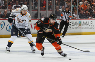Lubomir Visnovsky #17 of the Anaheim Ducks is pursued by Sergei Kostitsyn #74 of the Nashville Predators for the puck in the first period of Game One of the Western Conference Quarterfinals during the 2011 NHL Stanley Cup Playoffs at Honda Center on April 13, 2011 in Anaheim, California.