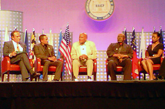 Panelists at the "Artists and Activism" event at the 102nd NAACP Convention on July 27, 2011 included (from left to right): NAACP Hollywood Bureau Executive Director Vicangelo Bullock and actors Hill Harper, Harry Belafonte, Louis Gossett Jr. and Tatyana Ali.