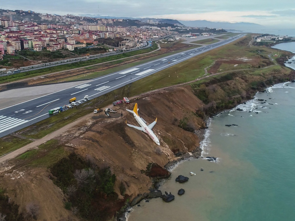 A Pegasus Airlines Boeing 737 passenger plane is seen stuck in mud on an embankment, a day after skidding off the airstrip, after landing at Trabzon's airport on the Black Sea coast on Jan. 14. A Pegasus Airlines Boeing 737 passenger plane is seen stuck in mud on an embankment, a day after skidding off the airstrip, after landing at Trabzon Airport on Turkey's Black Sea coast on January 13.