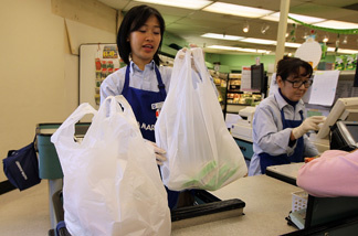A cashier bags groceries in plastic bags at Nijiya Market June 2, 2010 in San Francisco, California. California may become the first state in the nation to ban plastic bags from grocery and convenience stores. In addition to the ban, consumers would be charged 5 cents per paper bag if they do not bring their own reusable bags. Assembly bill AB1998 is supported by Gov. Arnold Schwarzengger and is expected to pass an assembly vote this week before moving to the State Senate for a vote later this year.