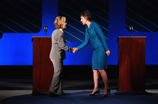 U.S. Sen. Barbara Boxer (D-CA) shakes hands with Republican candidate for U.S. Senate Carly Fiorina during a debate on the campus of Saint Mary's College on September 1, 2010.