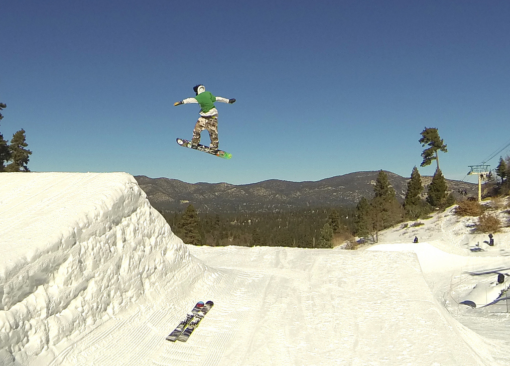 A boarder sails off a jump at Big Bear mountain. A boarder sails off a jump at Big Bear mountain.