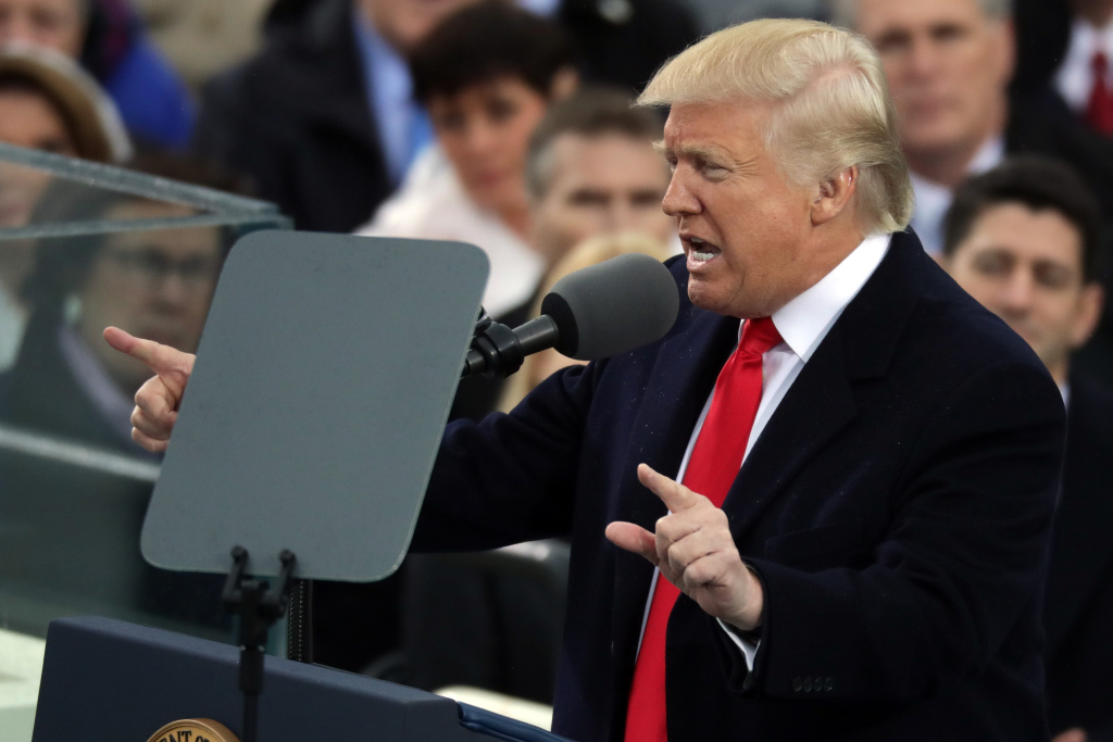 Donald Trump Is Sworn In As 45th President Of The United States U.S. President Donald Trump delivers his inaugural address on January 20, 2017 in Washington, DC.