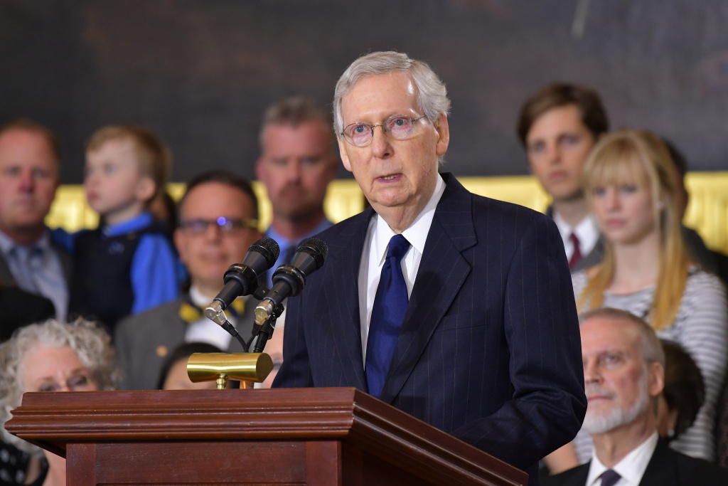 US-RELIGION-POLITICS-GRAHAM Senate Majority Leader Mitch McConnell speaks at the memorial service for Reverend Billy Graham on February 28, 2018 in Washington, DC.