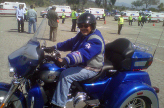 Frank Viramontes of Whittier drove to the Stow fundraiser on a Dodger-blue Harley Davidson that matched his bomber jacket. Viramontes donated $50.