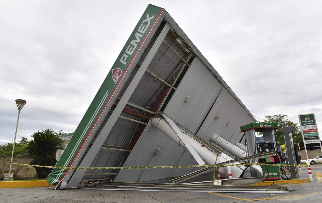 MEXICO-HURRICANE-KATIA A Pemex gas station damaged by strong winds during the passage of Hurricane Katia in Poza Rica, Veracruz State, Mexico, on September 9, 2017.