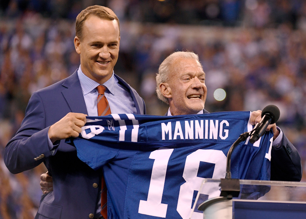 San Francisco 49ers v Indianapolis Colts Peyton Manning and Jim Irsay, owner of the Indianapolis Colts, pose for photos during a ceremony retiring Manning's jersey on October 8, 2017 in Indianapolis, Indiana.