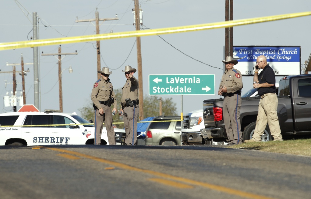 At Least 20 People Killed 24 Injured After Mass Shooting At Texas Church Law enforcement officials gather near First Baptist Church following a shooting on November 5, 2017 in Sutherland Springs, Texas.