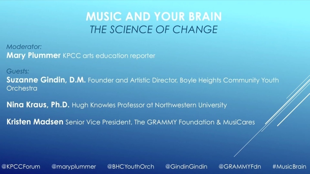 Music and your brain – the science of change Parents and the kids joined KPCC’s Arts Education Reporter Mary Plummer for conversation that explored music’s potential to help us learn and improve our lives. And we had a special performance by members of the Boyle Heights Community Youth Orchestra!