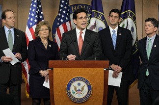 WASHINGTON - APRIL 13: U.S. House Majority Leader Rep. Eric Cantor (R-VA) (C) speaks as (L-R) Rep. Dave Camp (R-MI), Rep. Diane Black (R-TN), Rep. Paul Ryan (R-WI), and Rep. Jeb Hensarling (R-TX) listen during a news conference April 13, 2011 on Capitol Hill in Washington, DC.