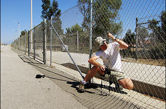 Mercer 7549 Claude Willey sneaks onto the verboten Highland Avenue in Rancho Cucamonga.