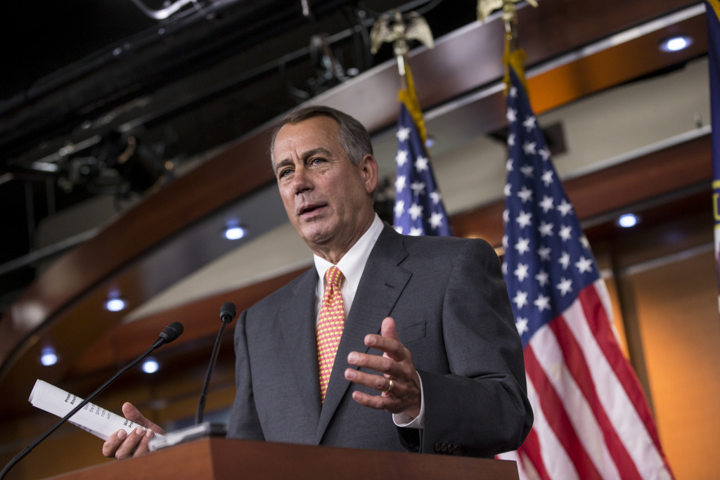 Budget Battle Boehner Speaker of the House John Boehner, R-Ohio, talks to reporters about the deadline to fund the government and the fight among House Republicans, on Capitol Hill in Washington, Sept. 19, 2013. House Republicans vowed Wednesday to pass legislation that would prevent a partial government shutdown and avoid a default while simultaneously canceling out President Barack Obama's health care overhaul, inaugurating a new round of political brinkmanship as critical deadlines approach.
