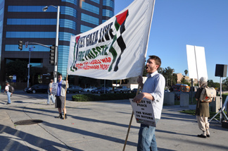 Demonstrators picket on the second anniversary of the killing of more than 1,000 Palestinians in the Gaza strip by Israel during a 22-day war between Dec. 27, 2008 and Jan. 18, 2009. The demonstration was held at Veteran Avenue and Wilshire Boulevard in West Los Angeles on Jan. 21, 2011.