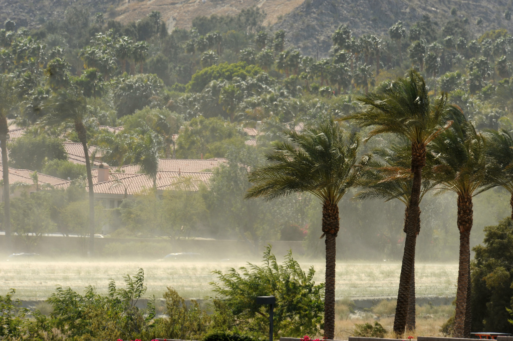 File: Gusting winds whip up a dust storm outside the Indian Wells Tennis Garden during the final between Andy Murray of Britain and Rafael Nadal of Spain in the final at the Indian Wells ATP tennis tournament in Indian Wells, California on March 22, 2009.