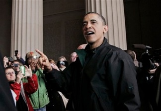 President Barack Obama speaks to visitors at the Lincoln Memorial on the National Mall in Washington Saturday, April 9, 2011.