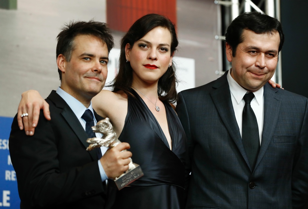ENTERTAINMENT-GERMANY-FILM-FESTIVAL (L-R) Chilean director Sebastian Lelio, Colombian actress Daniela Vega and screenwriter Gonzalo Maza pose during a press conference for their movie