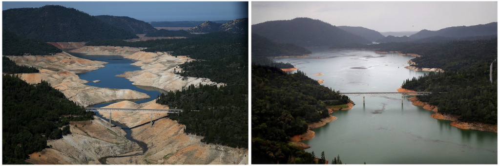 justin-sulivan-composite-02_custom-420c71c9f3efcd396c6337e12577eb946f2875a9-s1300-c85.jpg The Enterprise Bridge in Oroville, during severe drought in 2014 (left) and this April, during the week that the majority of the state's drought emergency is due to be lifted.