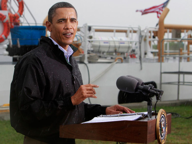 President Obama talks to reporters Sunday in Venice, La., as he visits the Gulf Coast region affected by a massive oil spill.