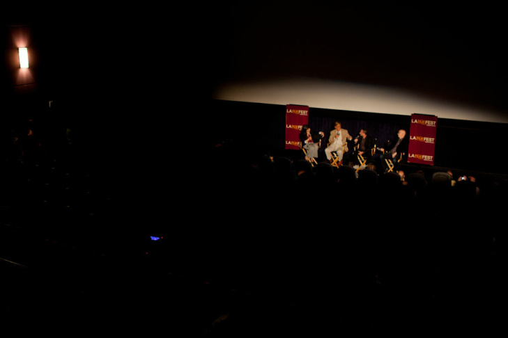 Aaron Sorkin talks with Alan Poul and Greg Mottola at the Los Angeles Film Festival on Friday. The panel was moderated by Madeleine Brand.