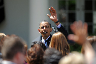 US President Barack Obama greets teachers after awarding the National Teacher of the Year 2010 Sarah Brown Wessling, from Johnston High School, Johnston, Iowa, on the Rose Garden at the White House in Washington, DC, on April 29, 2010.