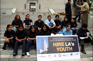 Mercer 7637 Kids and potential employees gather on the steps of L.A. City Hall to promote the city's summer jobs program.