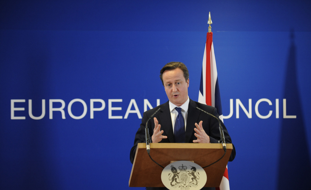 The European Union moved away from its focus on tough austerity Wednesday when it gave France, Spain and four other member states more time to bring their budget deficits under control to support their economies. (Photo: British Prime Minister David Cameron gives a press conference at the EU Headquarters, on November 23, 2012 in Brussels).