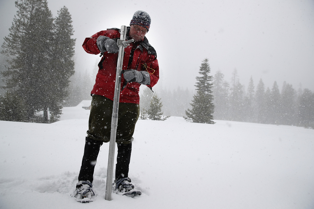 California Dept. Of Water Resources Survey The Snowpack Within The Sierra Nevada Mtns. Frank Gehrke, Chief of the California Cooperative Snow Surveys Program for the Department of Water Resources, takes a sample of the snowpack on March 30, 2017 near Twin Bridges, California.