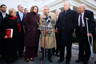 From second left to right, U.S. Sen. Patty Murray (D-WA), Sen. Tom Harkin (D-IA), House Speaker Nancy Pelosi (D-CA), Senate Majority Leader Harry Reid (D-NV), Senate Majority Whip Richard Durbin (D-IL), House Majority Leader Steny Hoyer (D-MD) and Rep. John Dingell (D-MI) speak to the media outside the West Wing of the White House after a health care reform summit at the Blair House February 25, 2010 in Washington, DC. President Obama hosted a bipartisan meeting with members from both the Senate and the House to discuss health care reform. (Photo by