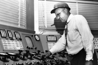 Mercer 19242 In this little seen photo, Theodore Filson, an engineer at the LA County Heatwave Generator cranks up the temperature in the LA Basin. Don't blame him, though. He gets his orders from the nation's air conditioner manufacturers, which operate state-of-the-art centers like these throughout the country.