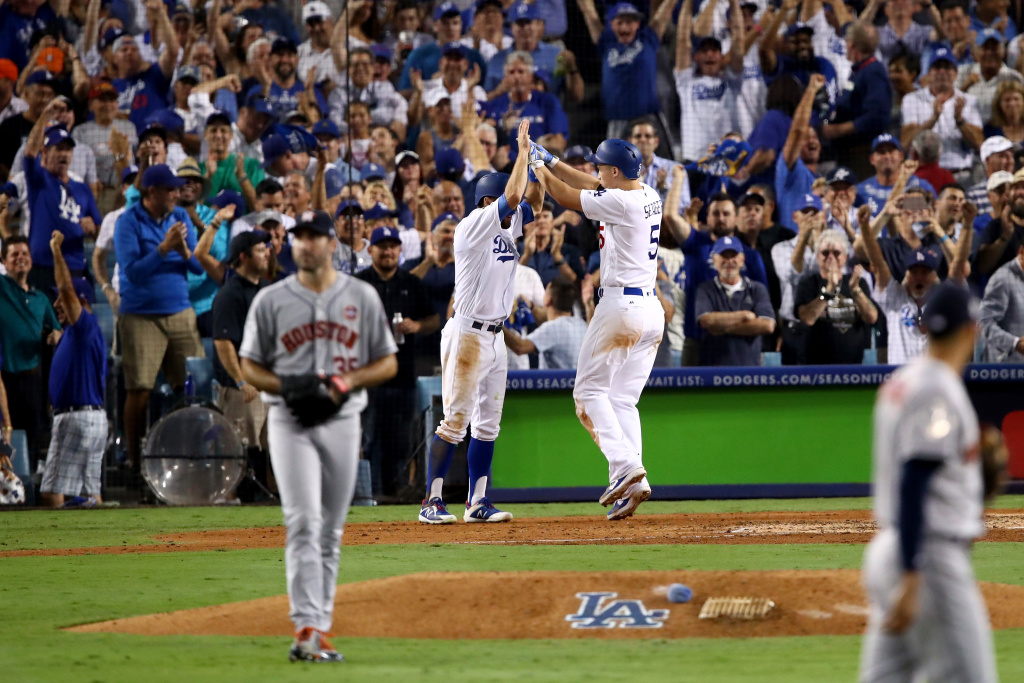 World Series - Houston Astros v Los Angeles Dodgers - Game Two Los Angeles Dodgers' Corey Seager celebrates with Chris Taylor after hitting a two-run home run during the sixth inning against the Houston Astros.