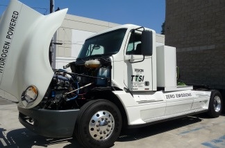 A Tyrano truck is displayed at Vision Industries headquarters in El Segundo, CA. Vision Industries handed over the keys to this zero emissions, hydrogen fuel cell class 8 truck to the Port of Los Angeles Friday.