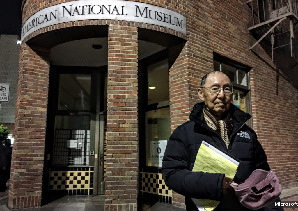 Japanese Americans Muslim rally Jim Matsuoka, 80, stands in the spot where as a boy, he and his family waited to board a bus for the Manzanar internment camp near Death Valley.