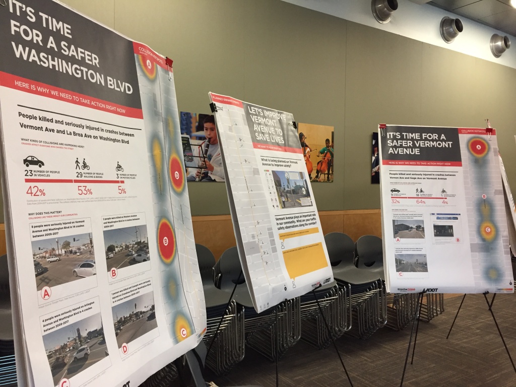 Vision Zero posters show heat maps where accidents most occur on South L.A. streets. Designs for safety improvements are also displayed. Vision Zero posters show heat maps where accidents most occur on South L.A. streets. Designs for safety improvements are also displayed.