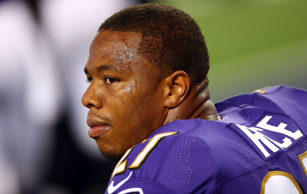 Baltimore Ravens v Dallas Cowboys Ray Rice #27 of the Baltimore Ravens sits on the bench against the Dallas Cowboys in the first half of their preseason game at AT&T Stadium on August 16, 2014 in Arlington, Texas. Rice was suspended two games after video surfaced of him knocking his then-fiancee unconscious in an elevator.