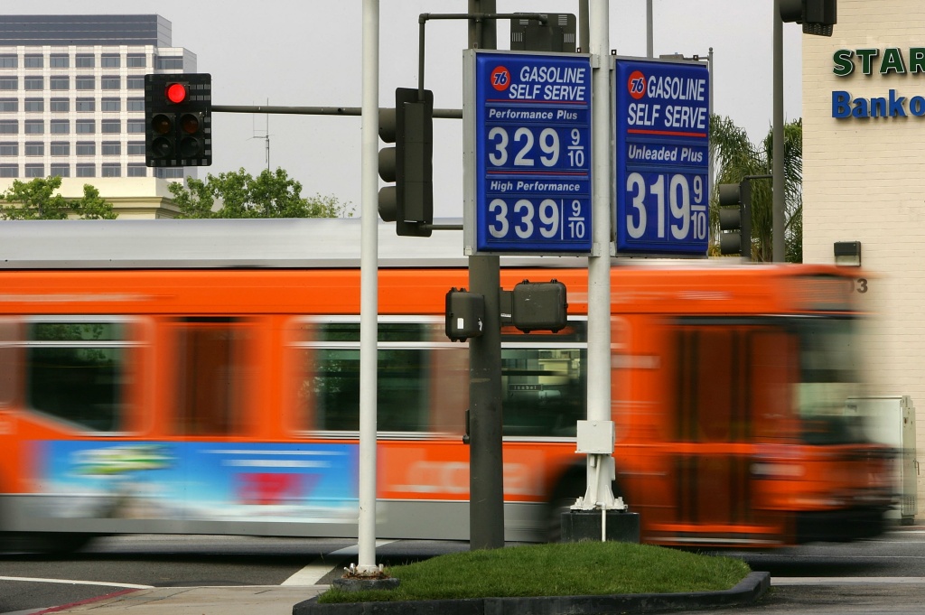 Public Transportation Gains Popularity Amid High Gas Prices A public transit bus passes a gas station on April 25, 2006 in the Los Angeles area city of Glendale, California.