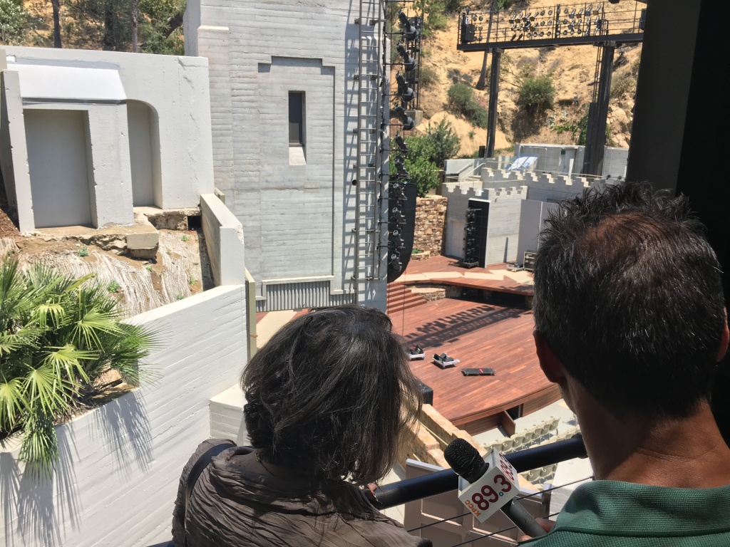 A Martinez and Brenda Levin survey the stage from the catwalk at the Ford Amphitheatre. A Martinez and Brenda Levin survey the stage from the catwalk at the Ford Amphitheatre.
