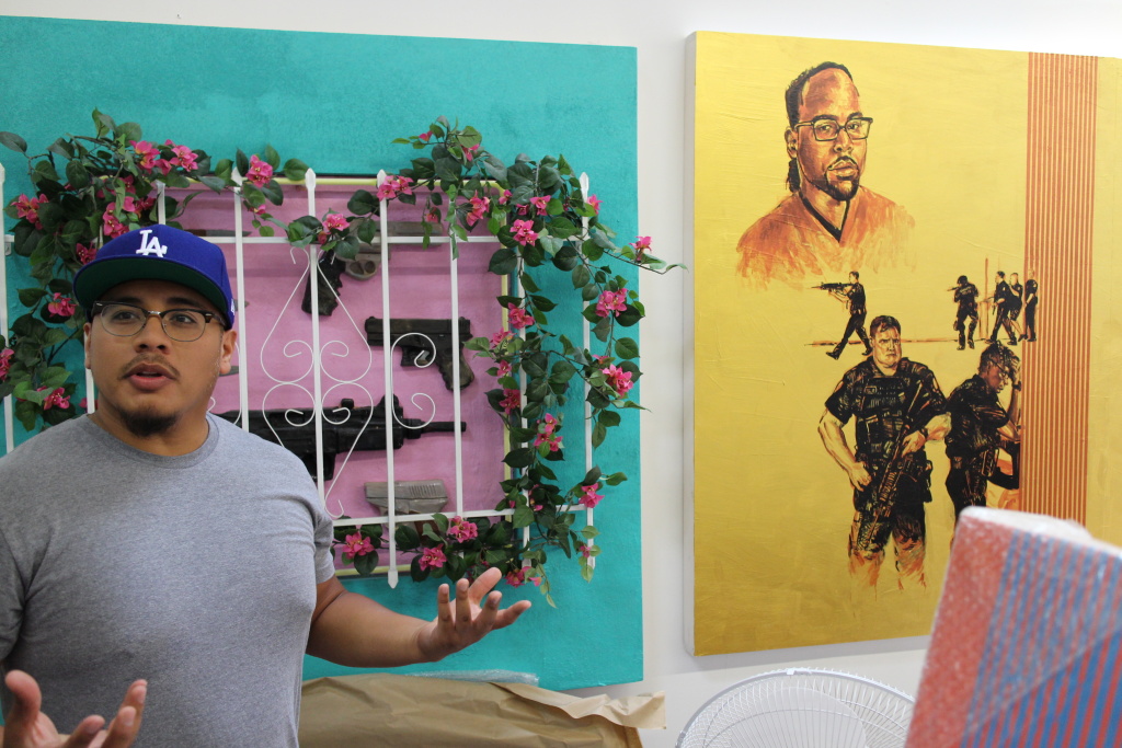 Patrick Martinez explains his most recent work, featuring a photo of Philando Castile. Patrick Martinez explains his most recent work, featuring a photo of Philando Castile.