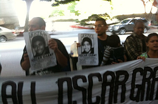 Oscar Grant supporters chanting outside Los Angeles criminal courts building, July 8, 2010.