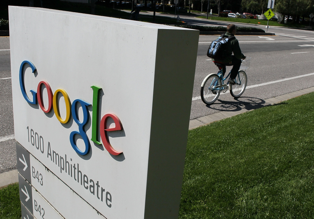 Cycling Routes And Directions Added To Google Maps A bicyclist rides by a sign outside of the Google headquarters March 10, 2010 in Mountain View, California. Google announced today that they are adding bicycle routes to their popular Google Maps and is available in 150 U.S. cities.