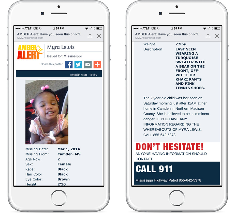 An example of Facebook's AMBER alert integration. An example of Facebook's AMBER alert integration.