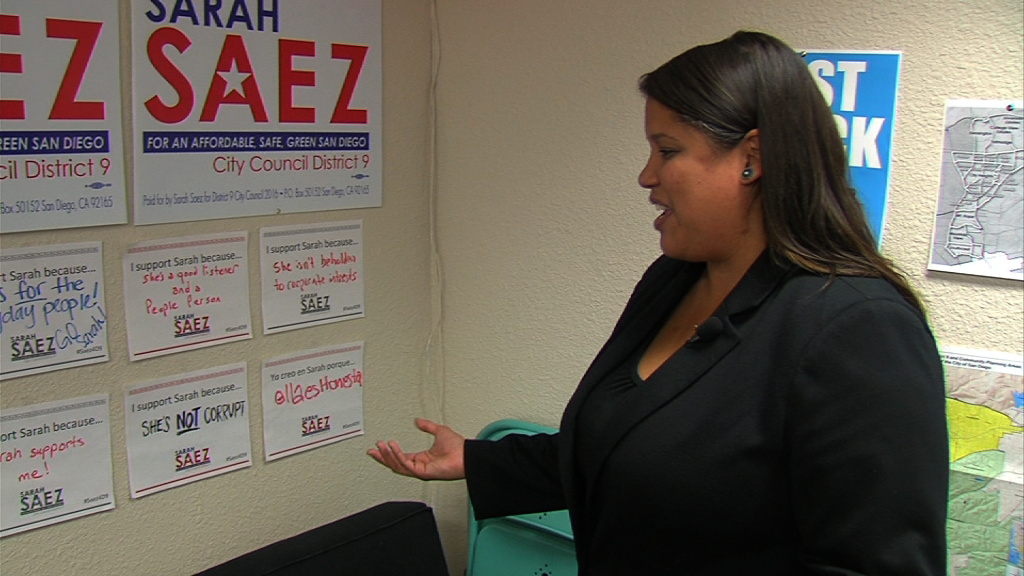San Diego City Council District 9 candidate Sarah Saez shows handwritten notes from her supporters in her campaign office, March 18, 2016. San Diego City Council District 9 candidate Sarah Saez shows handwritten notes from her supporters in her campaign office, March 18, 2016.